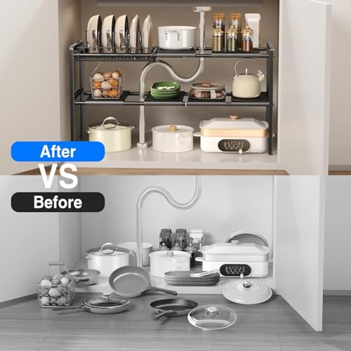 Mustorn Pots and Pans Organizer Under Cabinet, Expandable 2 Tier Under Sink Organizers and Storage Adjustable Height Kitchen Pot and Pan Lid Holder Rack with 6 Dividers(6panels,1 Pot rack, Black) - size: 6panels &1 pot rack-2 Tier