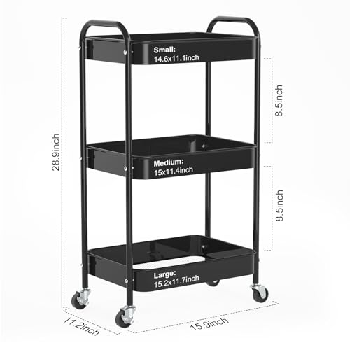 3-Tier Rolling Metal Storage Cart with Wheels, Multi-Functional Organizer for Office, Kitchen, Bathroom, Books Diapers - Easy Assembly (Black) - color: Black