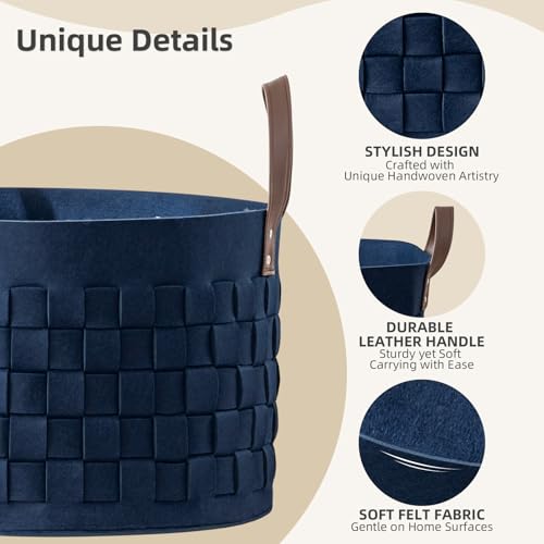 BOLDMONKEY Laundry Basket 20" x20 " x11.8 ",Extra Large Round Blanket Basket with Leather Handle, Felt Storage Basket for Living Room, Nursery, Dog Toys-Navy Blue - color: Navy Blue