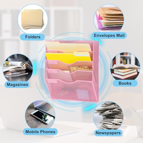 EASEPRES Magnetic 5 Pocket Mesh Hanging File Organizer, Wall Mounted Mail Paper Document Folder Holder, Clipboard Storage Organization Magazine Rack with Nametag Label for Office Home School, Pink - color: Pink, size: 5 Tier Magnetic