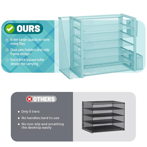 Simple Trending 6 Tier Desk File Organizer, Paper Letter Tray Organizer with File Holder and Pen Container, Blue - style: 6 Tier Blue-Pen Container