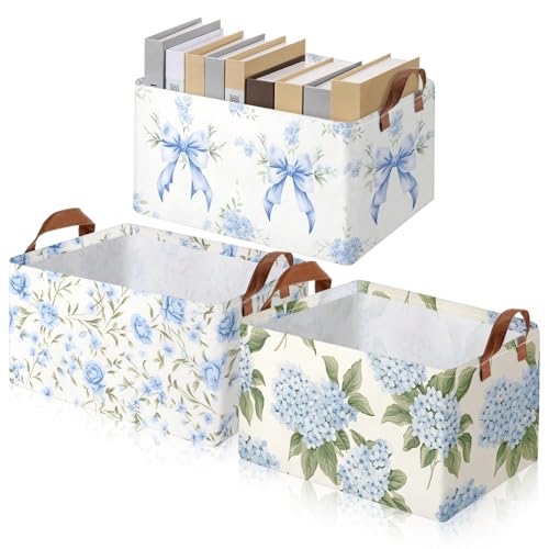 Boao 3 Pcs Blue Hydrangea Bow Storage Bin Flowers Collapsible Large Storage Baskets for Gifts Canvas Laundry Basket Foldable Box with Handle for Office Home Bedroom Clothes - style: Blue Hydrangea