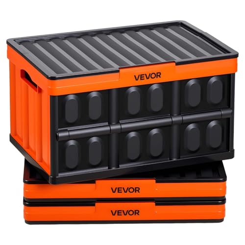 VEVOR Plastic Collapsible Storage Bins with Lids, 45L 3Packs, Stackable Folding Storage Crates with Handles, Holds 44 lbs Per Bin, Heavy Duty Containers, Space-Saving Baskets, for Home Organizing - size: 45L-Orange-3PC