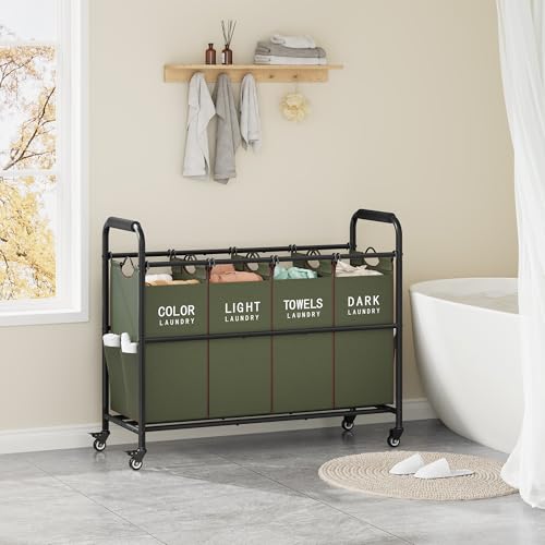 Tajsoon 4 Bag Laundry Sorter Cart, 4 Section Laundry Hamper Sorter with Heavy Duty Lockable Rolling Wheels, Laundry Separator Hamper with Removable Bags for Dirty Clothes Storage, Green - color: Green