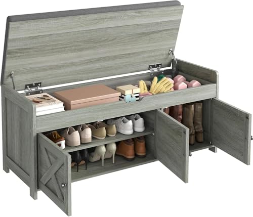 Pipishell 2-Tier Shoe Storage Bench, Entryway Bench with 3 Barn Doors, Cushion Seat, Hidden Storage, Adjustable Shelf, 200 lbs Capacity, for Entryway, Living Room, Bedroom, Gray (39.4″Wx15″Dx18.1″H) - color: Grey
