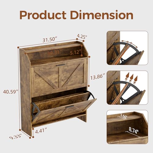 Mericonia Farmhouse Shoe Cabinet with 2 Flip Drawers, Shoes Storage Cabinet, Freestanding Shoe Rack Organizer for Entryway, Rustic Brown - color: C-rustic Brown (Flip Drawers)