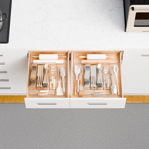 Yieach Acrylic Clear Expandable Kitchen Utensil Drawer Organizer and Silverware Organizer,BPA FREE Adjustable Silverware Tray for Drawer Cutlery,Spatula,Tools,Flatware Organizers,Fork and Spoon Holder - size: 9.4Wx12.6Lx2H Inch