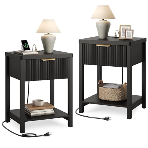Lulive Night Stand Set 2, Fluted Nightstand with Charging Station, Wood Modern Bedside End Table with Storage Drawer for Bedroom, Save Space (Set of 2, Black) - color: Black, size: 1 Drawer-Set of 2 Nightstand