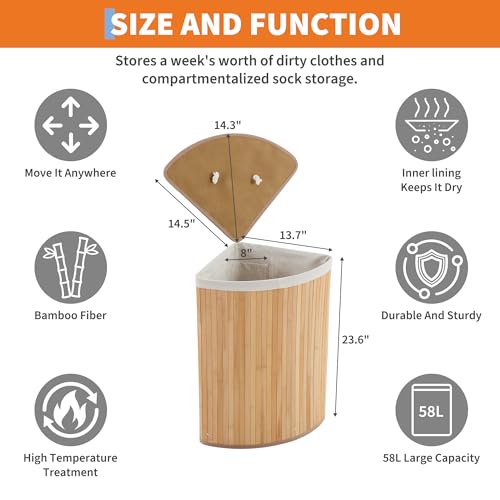Bamboo Laundry Hamper Large 58L with Removable 2-Section Liner, Foldable Storage Basket with Lid and Handles for Bedroom, Laundry Room, Small Spaces – Natural - Triangle - color: Natural - Triangle