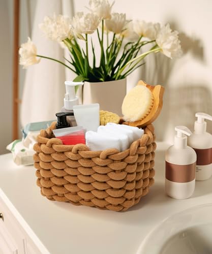 Small Macrame Woven Storage Baskets 2 Pack – Boho Cotton Rope Bins for Bathroom, Bedroom, Desk & Vanity Organizer – Khaki & Khaki, 7x5.5x5 Inches - color: Khaki & Khaki