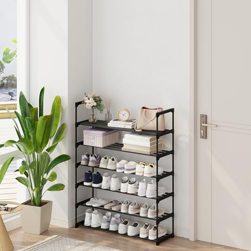 Calmootey 6-Tier Shoe Rack, Tall Large Capacity 30 Pairs Shoes Storage Organizer, Stackable Wide Shoe Shelf for Entryway, Hallway, Black - size: 6-Tier