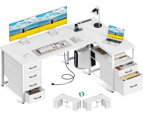 Coleshome L Shaped Computer Desk with 6 Drawers & Power Outlet, 55 Inch Corner Desk with Reversible Storage Shelf & File Drawer, Home Office Desk, White - color: White, size: 55 Inch