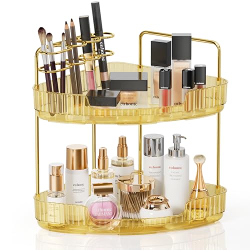 EUHOME 2-Tier Corner Bathroom Counter Organizer Makeup Cosmetic Storage, Tool-Free Installation Acrylic Vanity Shelf, Skin Care Organizer Perfume Tray for Countertop Bathroom, Dresser, Kitchen (Gold) - color: Gold, size: 9" x 9" x 11.8"