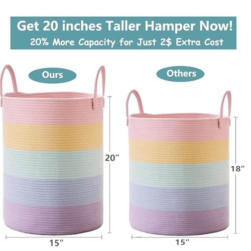 60L Laundry Hamper Basket for Baby Girls and Kids, Pastel Rainbow Unicorn Design, Woven Rope Nursery Basket for Blankets Toys in Playroom, 15Dx20H Inches Large Bedroom Hamper for Clothes - color: Pastel Rainbow, size: Large (60L)