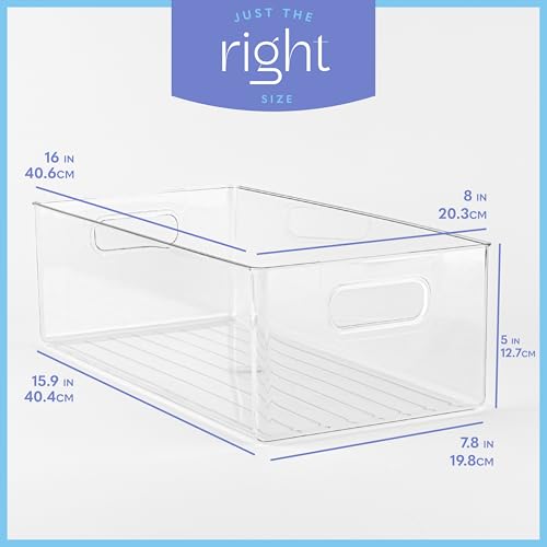 Plastic Food Storage 2 Pack Clear Container Bin with Handles for Organizing Kitchen, Pantry, Refrigerator, Freezer, Pantry, Cabinet, Closet, Bathroom. 16”x8”x5” - size: 16x8x5