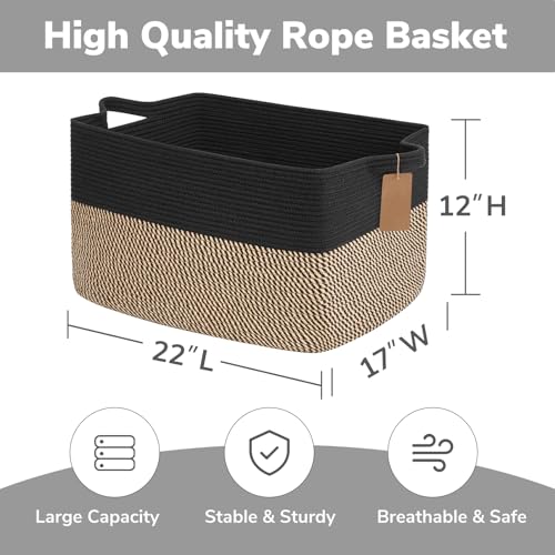 Goodpick Woven Storage Baskets for Organizing 22”x17”x12” Large Blanket Basket for Living Room Bedroom, Rectangle Wicker Storage Basket with Handles, Toy Baskets for Baby Boys, Black & Jute - color: Black Jute, size: 22"L x 17"W x 12"H
