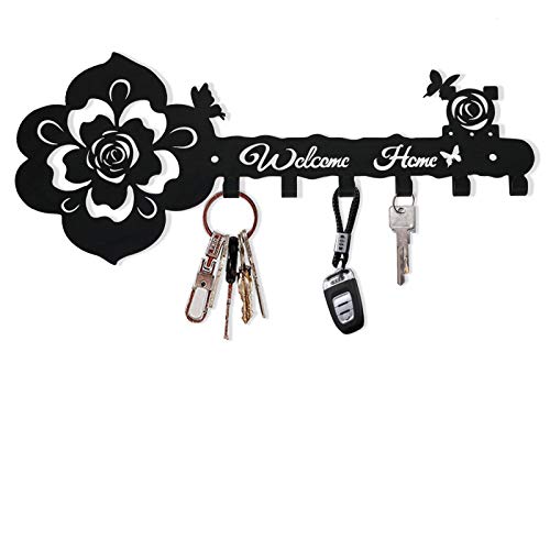 Deveosa Key Hooks Holder for Wall Decorative - Small Black Entryway Welcome Home Sign Key Hanging Hangers Wall Mounted Racks - color: Black Rose