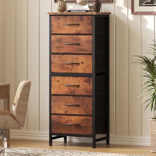 DUMOS 6 Drawers Dresser for Bedroom with Wheels, Fabric Storage Cabinet Organizer with Removable Fabric Bins, Sturdy Steel Frame for Living Room, Office, Entryway, Closets, Brown - color: Rust, size: 11.8"D x 15.7"W x 39.4"H (6 Drawers)