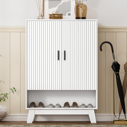 Shoe Cabinet Storage for Entryway, 5 Tier Fluted Shoe Storage Cabinet with Wooden Legs, Narrow Hidden Shoe Organizer with Adjustable Shelves, Freestanding Shoe Rack for Entryway, Hallway, White - color: White, size: 5 Tier