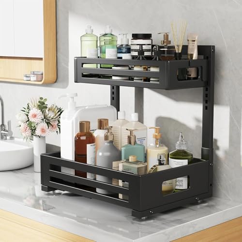 2 Pack Under Sink Organizer,Pull Out Cabinet Organizer with Smooth Cylindrical Rail,Metal Slide Out Drawer for Kitchen Bathroom Laundry Cabinet,8-Level Tool Free Height Adjustable-Black - color: Black, size: 2 Pack-15"Dx9.5"-16.7"H