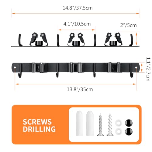 JAMEND CLXP Broom Hanger and Mop Holder, Heavy Duty Garden Tool Organizer Rack Rake and Shovel Handle, Stainless Steel Wall Mounted Utility Rack with Screws (3 Racks with 4 Hooks, Matte Black). - color: 1 Pack, size: 3R4H