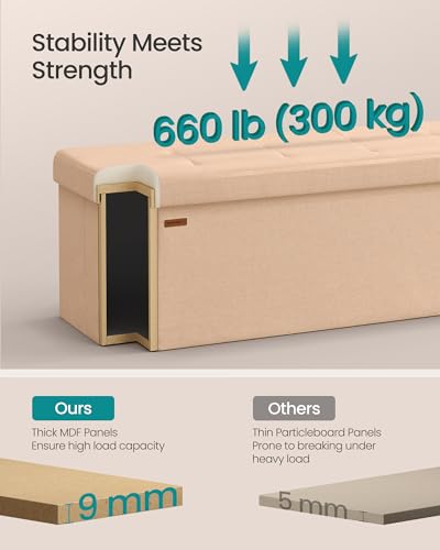SONGMICS Mazie Collection - Storage Ottoman Bench, 43 Inches Folding Foot Rest Stool, End of Bed Bench, Easy Assembly, for Living Room, Bedroom, Entryway, Apricot Orange ULSF077O01 - color: Apricot Orange, size: 15"D x 43"W x 15"H