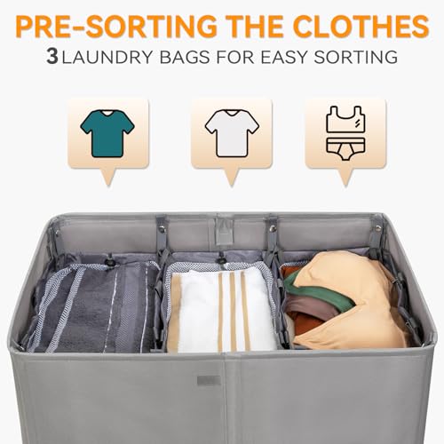WOWLIVE Laundry Hamper with Lid,160L Large Laundry Basket 3 Section with Removable Washing Bags,Collapsible Waterproof Dirty Clothes Hamper for Laundry Room Bathroom Dorm,Grey - color: Grey, size: 160L (24.8x 14 x 27.5 Inches)