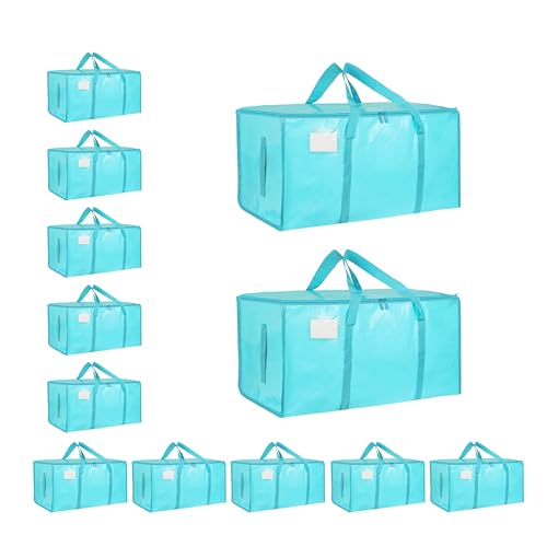 12 Pack-Extra Large Heavy Duty Moving Bags - Waterproof Storage Totes with Handles & Zippers, Foldable for College Dorm, Storage (lake blue) - color: lake blue, size: 12