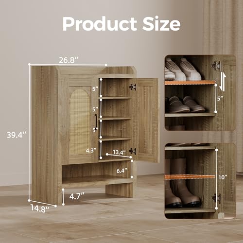 Mericonia 6-Tier Shoe Cabinet Storage for Entryway, Rattan Shoes Organizer Cabinets with Doors, Wooden Shoe Rack, Farmhouse Boho Wood Storage Cabinet (Natural, 6-Tier) - color: Natural, size: 6-tier