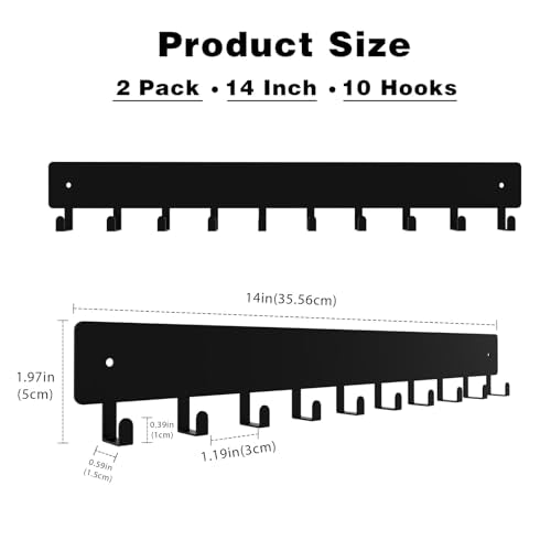 14inch Wall Key Holder with 10 Hooks(2 Sets), Metal Key Rack Wall Mount for Keys, Bags and Leashes, Key Hanger for Decorative Organizer Apartment，Entryway,livingroom,Black