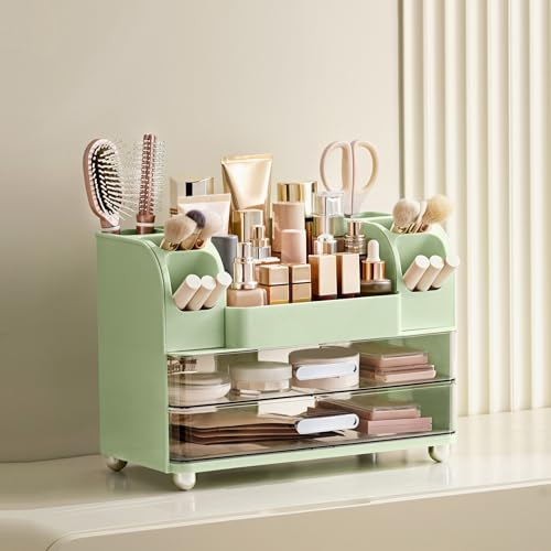 HBlife Makeup Organizer for Vanity with Brush Holder, Large Bathroom Countertop Cosmetic Organizer Skin Care Storage, Easy to Store Lipsticks, Nail Polishes, Perfumes, Eyeshadow Palettes, Green - color: Green