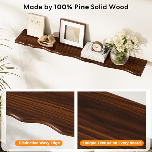 Floating Shelves for Wall Rustic Farmhouse 48 Inch Floating Shelf Bathroom Wooden Shelves for Wall Mounted Live Edge Pine Shelf with Unique Natural Grain for Living Room Bedroom Kitchen (Walnut) - color: Walnut, size: 48 inch - 1pc