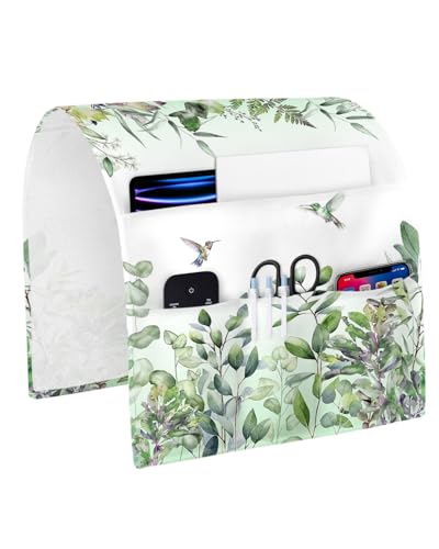 Sofa Armrest Organizer Bedside Caddy, Green Botanical Non Slip Couch Remote Control Holder for Recliner, Watercolor Green Eucalyptus Leaves Birds Arm Chair Caddy with Pocket, 13"x35" - size: 13x35 in
