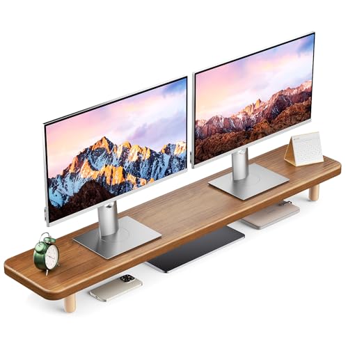 Dual Monitor Stand Riser, 39 Inch Extra Long Wooden Desktop Monitor Riser with Storage for 2 Monitors Ultra Strong Desk Shelf Organizer Riser Ergonomic for 2 Screens/Laptop/PC/TV/Printer (Walut brown, 39inches) - color: Walut brown