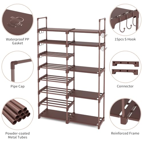 ROJASOP Shoe Rack Organizer, 8-Tier Metal Shoe Rack for Closet Entryway Garage, 26-32 Pairs Tall Shoe Boot Storage Shelf with 15 Hooks, Stackable Large Shoe Stand, Brown - color: Brown