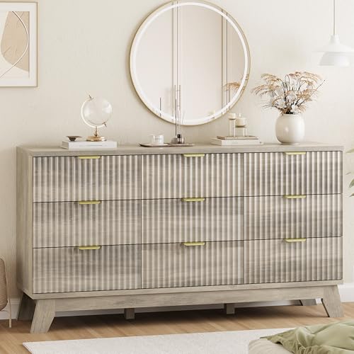 Xixini Fluted Dresser for Bedroom with 9 Drawers, 57" Wide Modern Chest of Drawers with Metal Handle, Wooden Dresser TV Stand, Wood Closet Clothes Storage Organizer for Living Room, Hallway, Grey - color: Grey, size: 15.6"D x 57.1"W x 30.5"H (9 Drawers)