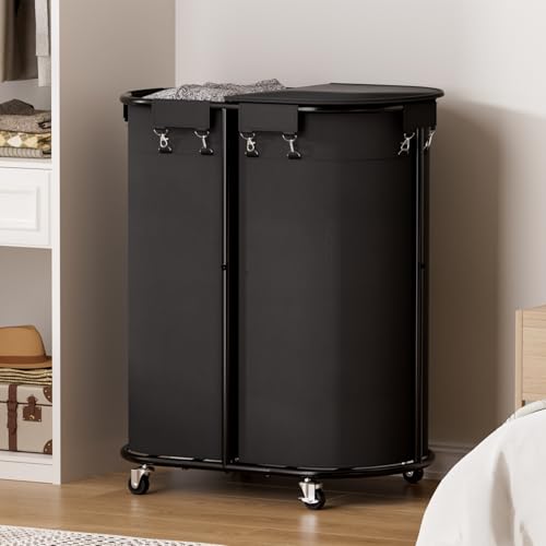 200L Double Laundry Hamper with Lid and Wheels, Large Oval Rolling Laundry Basket 2 section, Sturdy Metal Laundry Cart with 2 Removable Bags, Dirty Clothes Organizer for Home, Dorm, Black - color: Black, size: 200L(24.8"L x 16.9"W x 31.5"H)