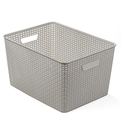 BINO | Plastic Storage Baskets, 33 Liter - 3 Pack, Natural Grey | THE WOVEN COLLECTION | Storage Basket for Shelves | Woven Storage Baskets for Organizing Bins | Pantry Shelf Organizer | Container Bin - color: Natural Grey, size: 33L | 3-Pack