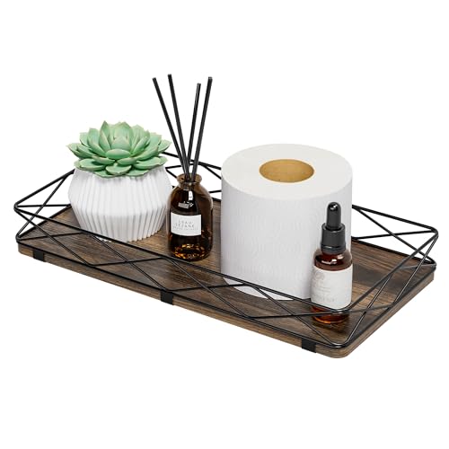 Lixple Toilet Paper Basket Holder, 13" Toilet Tank Tray, Wood and Metal Toilet Tray Vanity Organizer Bathroom Tray, Kitchen Sink Organizer for Soap Dispenser (Brown+Black) - color: Brown+black