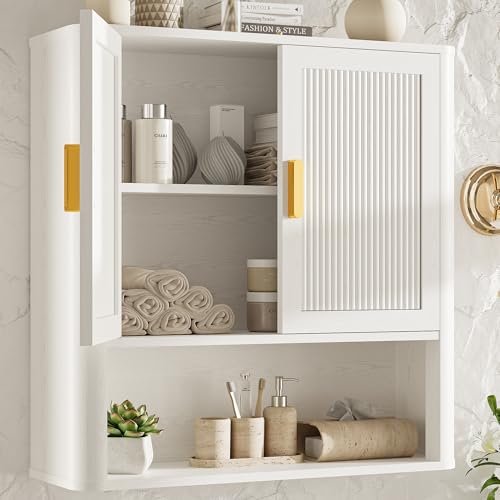 INNOD Bathroom Wall Cabinet, Wall-Mounted Medicine Cabinet with Adjustable Wood Shelf & Doors, Floating Bathroom Cabinet Over Toilet for Laundry Room & Kitchen & Living Room (White) - color: White