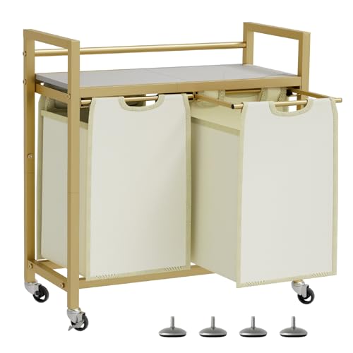 SwaaVee Laundry Hamper, Laundry Basket, Laundry Sorter with 3 Removable Bags, Clothes Basket with 3 Compartments, Wheels, Shelf for Laundry Room Bathroom Bedroom (2 Bags-Golden) - color: 2 Bags-Golden