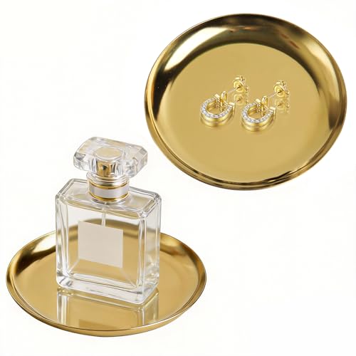 2 Pack 4 Inch Small Gold Tray, Palm-Sized Gold Jewelry Tray,Small Stainless Steel Tray for Jewelry, Vanity, Kitchen, Bathroom