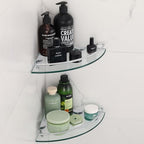 2 Ties Glass Corner Shelf with SUS 304 Stainless Steel Rail Chrome Finished, Esquinero para baños, Rustproof Tempered Glass Shelf, Shower Caddy Organizer 9.8" x 9.8" - size: 2 PACK With Rail