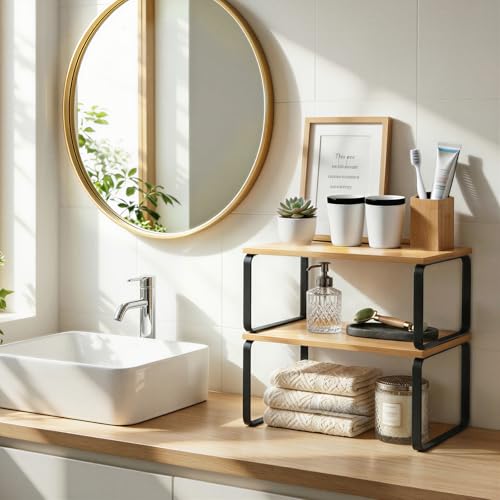 HOOBRO Cabinet Organizer Shelf, Set of 4 Kitchen Counter Shelves, Expandable Kitchen Storage, Stackable Bamboo Spice Rack, for Kitchen, Countertop, Office Desk, Bathroom, Natural and Black YB30TLP201 - color: Natural, Black