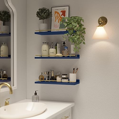 WOPITUES Floating Shelves with Gold Metal Guardrail, Shelves for Wall Decor Set of 3, Wall Shelves for Bedroom, Bathroom, Kitchen, Living Room, Plants, Picture Frames, Art- Gold in Navy Blue - color: Gold in Navy Blue, size: 15.7 inch