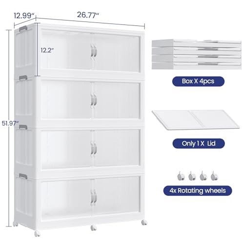 120GAL Plastic Storage Bins with Lid, 480QT Extra Large Stackable Closet Organizers and Storage, Collapsible Storage Boxes with Wheels, Folding Cabinet for Home Kitchen Office, 4Pack White - color: 30Gal-White, style: 4Pack