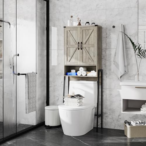 Vabches Over The Toilet Storage Cabinet with 2-Door Design Bathroom Organizers and Storage with Anti-Tip Device Over Toilet Organizer with Shelves for Bathroom,Restroom,Laundry Grey - color: Grey