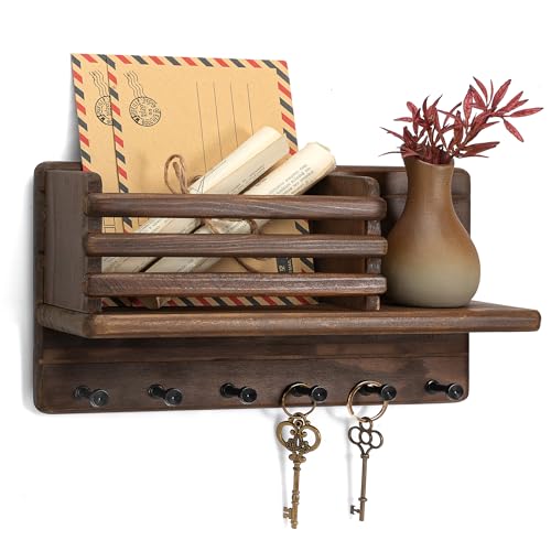 Rebee Vision Pine Wood Key Holder Wall Mount - Farmhouse Mail and Key Holder for Wall with Floating Shelf & 6 Hooks - Decorative Mail Organizer with Round Corner for Home Decor (Brown) - color: Brown