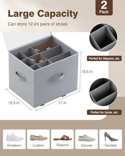 Shoe Organizer for Closet,House Again 2 Pack Shoe Storage Organizer with Wheels, Foldable Shoe Storage Box with Adjustable Dividers and Clear Cover, Reinforced Handles, Fits up to 12-24 Pairs, Gray - color: Light gray-2 Pack, size: Large( 17"L x 12.5"W x
