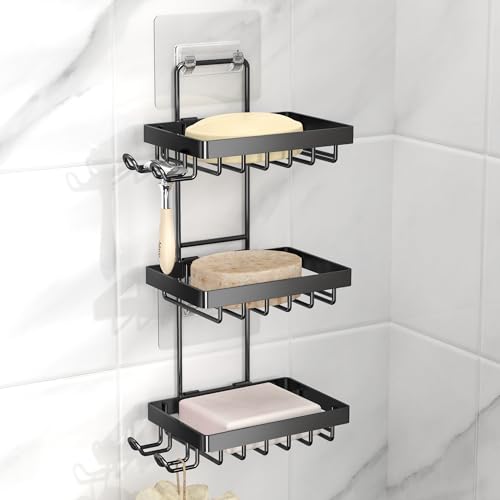 Moforoco 3-Tier Black Soap Bar Holder for Shower, No Drilling, 304 Stainless Steel, Wall Mounted Soap Holder with 4 Hooks and Razor Holder, Shower Rack Soap Tray Bar Soap for Bathroom Accessories - color: Black, size: 3-T